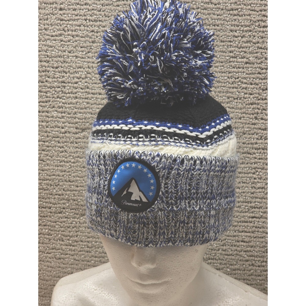 Paramount Plus Promo Knit Beanie Hat Blue White Marled Pom Pom Logo Patch‎